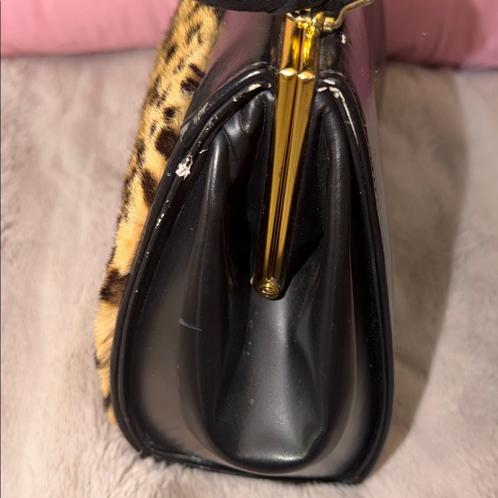 Vintage Black and Leopard-Print Faux Fur Top-Handle Satchel - Picture 6 of 10
